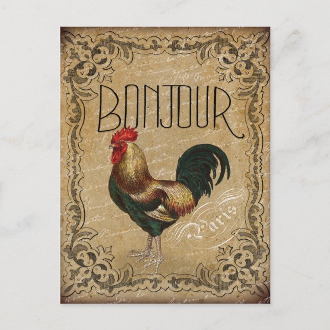 Vintag Rooster Bonjour Paris Postkarte (Vorderseite)
