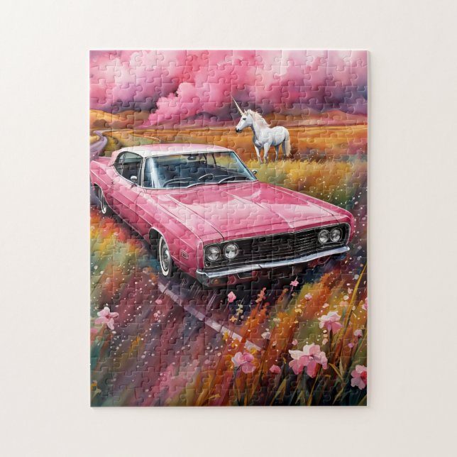 Vintag rosa Auto und Einhorn auf einer Wiese (Vertikal)