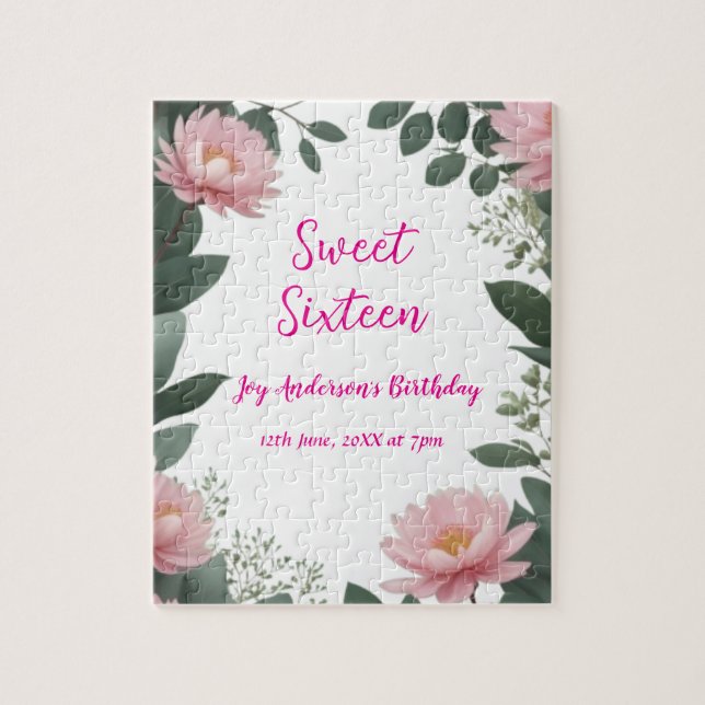 Vintag rosa Blume grüner Eukalyptus 16. Geburtstag (Vertikal)