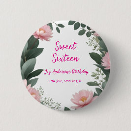 Vintag rosa Blume grüner Eukalyptus 16. Geburtstag Button