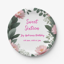 Vintag rosa Blume grüner Eukalyptus 16. Geburtstag Pappteller