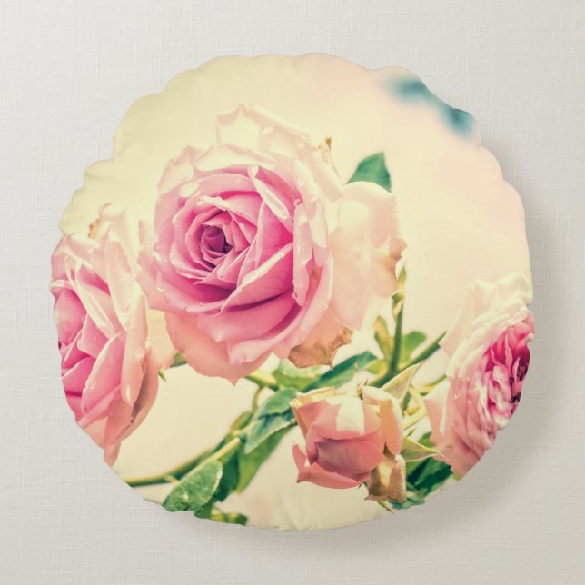 Vintag-Rosa-Blume Rundes Kissen (Vorderseite)