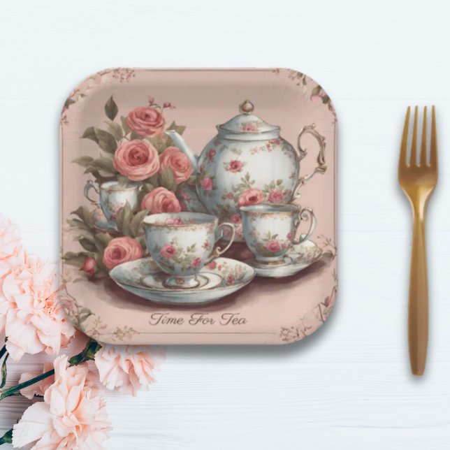 Vintag Rosa Blumengarten Geburtstag Tee Party Pappteller (Vintage Pink Floral Garden Birthday Tea Party Paper Plates)