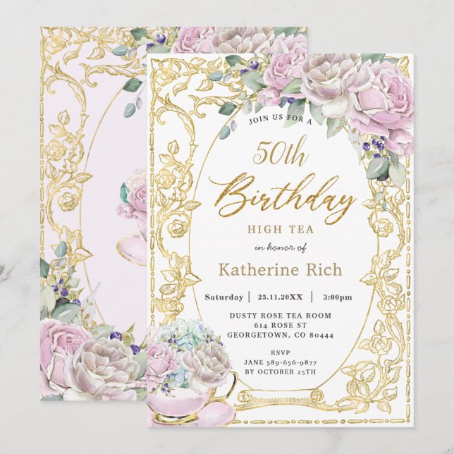 Vintag rosa Blumenstrauß Tee Geburtstag JEDES ALTE Einladung (Vorne/Hinten)