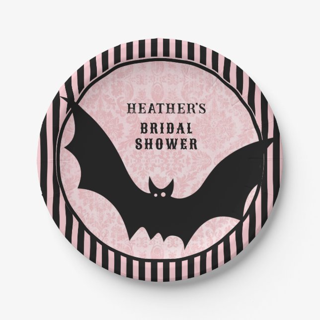 Vintag rosa Damask | Halloween-Bat-Brautparty Pappteller (Vorderseite)