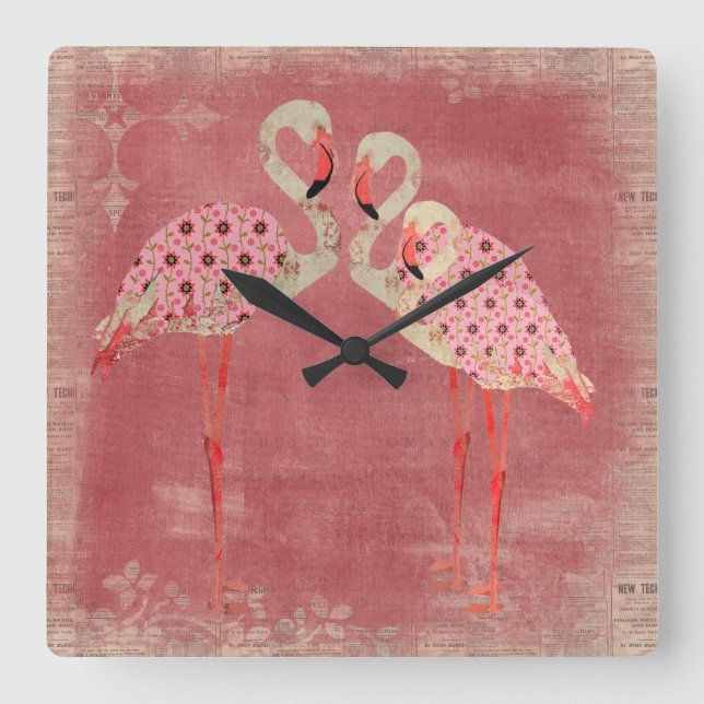 Vintag rosa Flamingos Clock Quadratische Wanduhr (Vorderseite)
