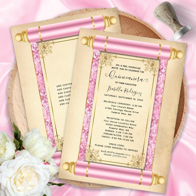 Vintag Rosa Goldmedaille Einladung (Vintage Pink Gold Scroll Elegant Quinceañera Invitation)