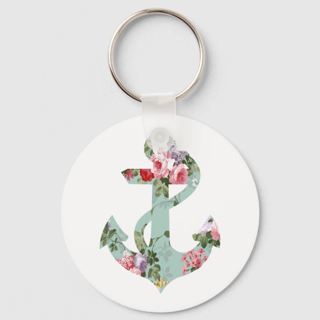 Vintag rosa, grüne Blumenmuster Anker Schlüsselanhänger (Vorderseite)