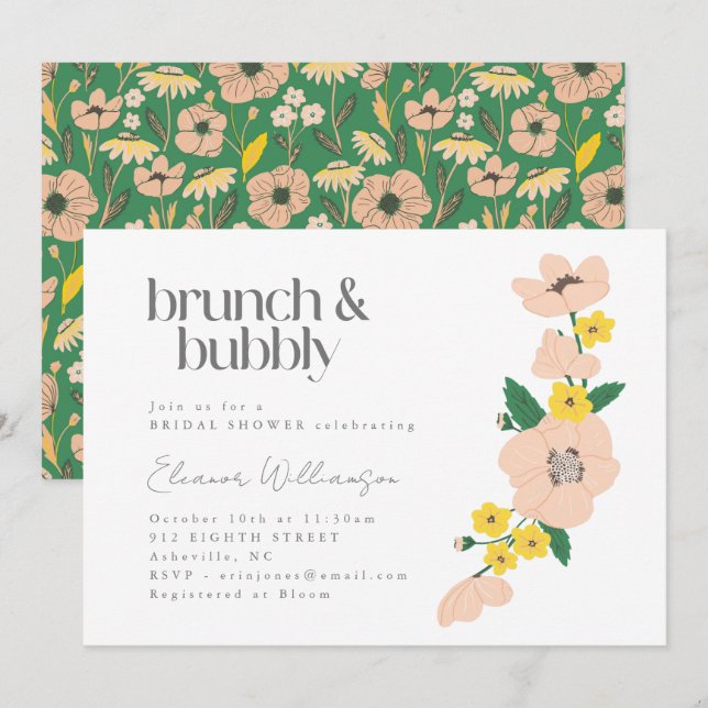 Vintag rosa grüner Blumenbrunch Brauchdusche Einladung (Vorne/Hinten)