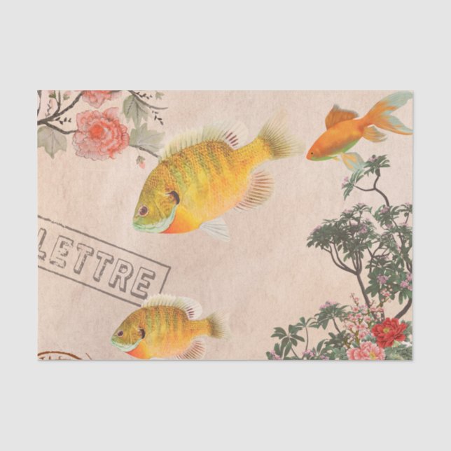 Vintag rosa moderne Blume und Fische Seidenpapier (Vorderseite)