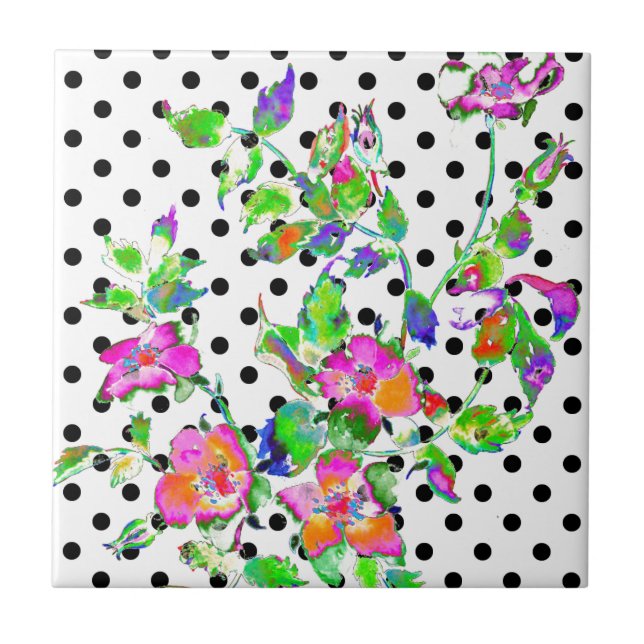 Vintag rosa Rosa Aquarellmalerei, Polka-Punkte Fliese (Vorderseite)