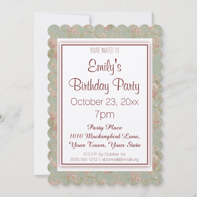 Vintag rosa Rosa Grüne Blüte Einladung (Vorderseite)