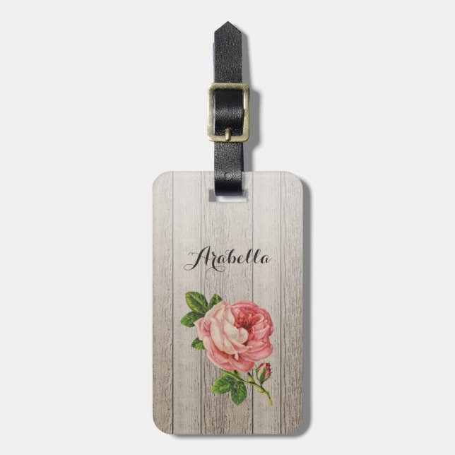 Vintag rosa Rose aus rustikalem, wetterfestem Holz Gepäckanhänger (Vorderseite vertikal)