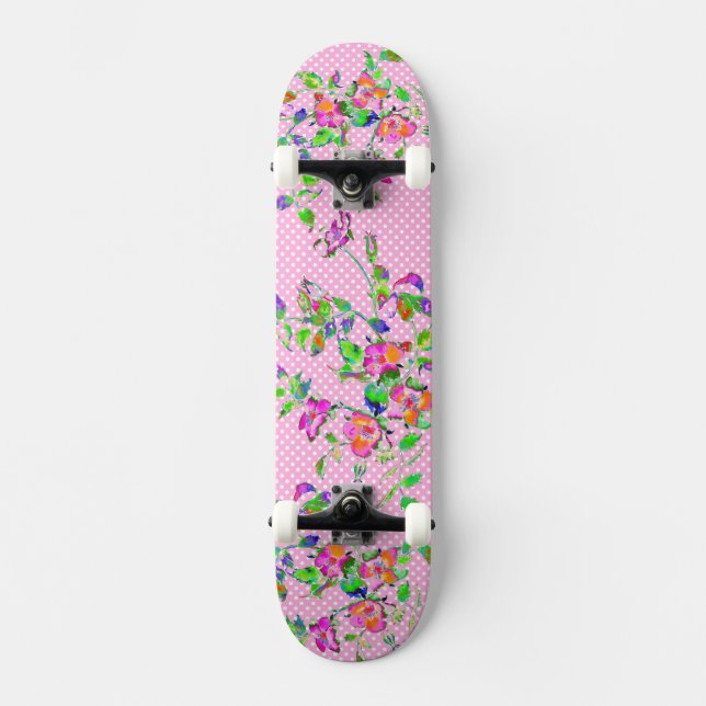 Vintag-rosa-Rose-Polka-Punkte Skateboard (Vorderseite)