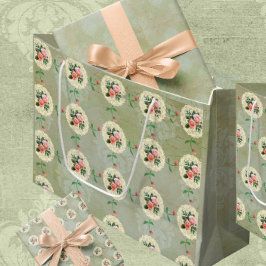 Vintag rosa Rosen Grün verschleierter Damast Große Geschenktüte