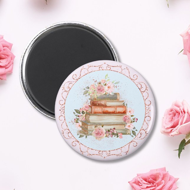 Vintag rosa Rosen und Bücher Magnet (In situ)