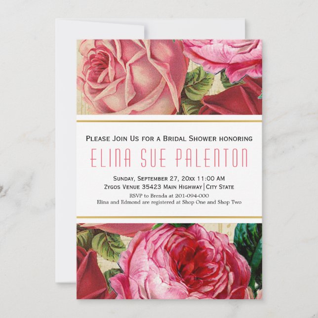 Vintag rosa Rosenblütenhochzeit Brautparty Einladung (Vorderseite)