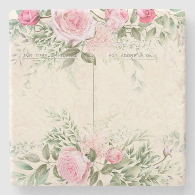 Vintag rosa Roses Stone Untersetzer (Vorderseite)