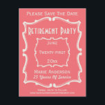 Vintag rosa Weiß Save the Date Party für die Alter Ankündigungspostkarte<br><div class="desc">Alte Vintage Schilder inspirierte mir,  einige meiner Designs zu kreieren. Dieses elegante Design besticht durch einen antiken,  Vintagen Typografiestil,  der sich perfekt für eine Save the Date Ruhekarte eignet. Laden Sie Ihre Familie und Freunde zu einer Ruhestagsfeier Save the Date. Klassische und klassische Rosa und Weiß Farben.</div>