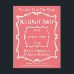 Vintag rosa Weiß Save the Date Party für die Alter Ankündigungspostkarte<br><div class="desc">Alte Vintage Schilder inspirierte mir,  einige meiner Designs zu kreieren. Dieses elegante Design besticht durch einen antiken,  Vintagen Typografiestil,  der sich perfekt für eine Save the Date Ruhekarte eignet. Laden Sie Ihre Familie und Freunde zu einer Ruhestagsfeier Save the Date. Klassische und klassische Rosa und Weiß Farben.</div>