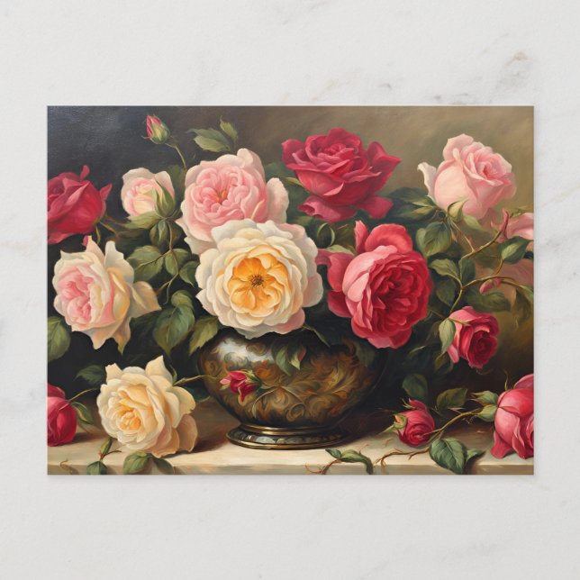 Vintag Rose Bouquet Stillleben Feiertagspostkarte (Vorderseite)