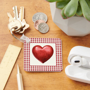 Vintag Rot und Cream Gingham mit Herz Schlüsselanhänger