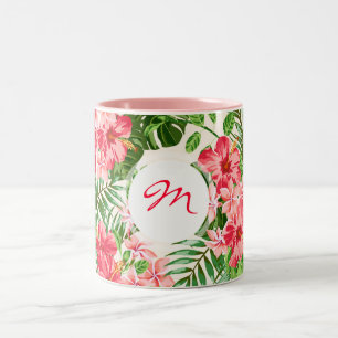 Vintag-Roter Hibiskus-Muster Monogramm-Tasse Zweifarbige Tasse