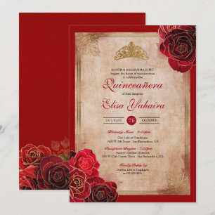 Vintag Ruby Red & Gold Rose Royal Quinceanera Einladung