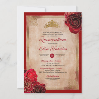 Vintag Ruby Red & Gold Rose Royal Quinceanera Einladung