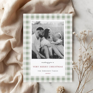 Vintag Sage Gingham Two Side Family Foto Feiertagskarte