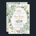 Vintag Sage Green Floral Butterfliegen Quinceañera Save The Date<br><div class="desc">Personalisieren Sie diesen Vintagen chic Salbei grün blühende Quinceañera / Sweet 16 Geburtstag leicht und schnell Save the Date. Klicken Sie einfach auf die Schaltfläche "Weitere Einstellungen", um die Texte zu bearbeiten, Schriftart und Schriftart zu ändern. Weiche Aquarellwiesen mit grünen Blume, Schmetterlingen und einem vergoldeten ovalen Platz, um alle Ihre...</div>