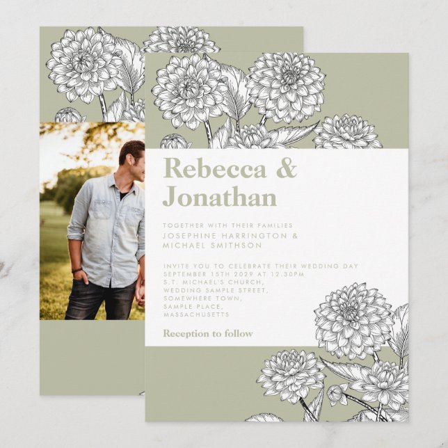 Vintag Sage Green Floral Foto Hochzeit Einladung (Vorne/Hinten)