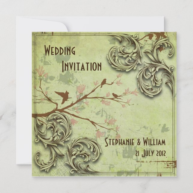 Vintag Sage Love Birds Hochzeitseinladung Einladung (Vorderseite)