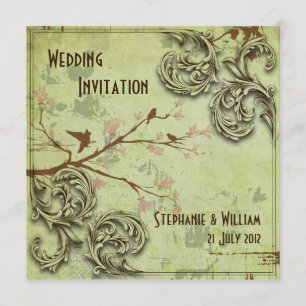 Vintag Sage Love Birds Hochzeitseinladung Einladung