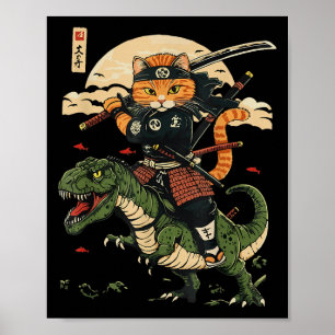 Vintag Samurai Cat Dinosaur Japanisch Kunst Grafik Poster