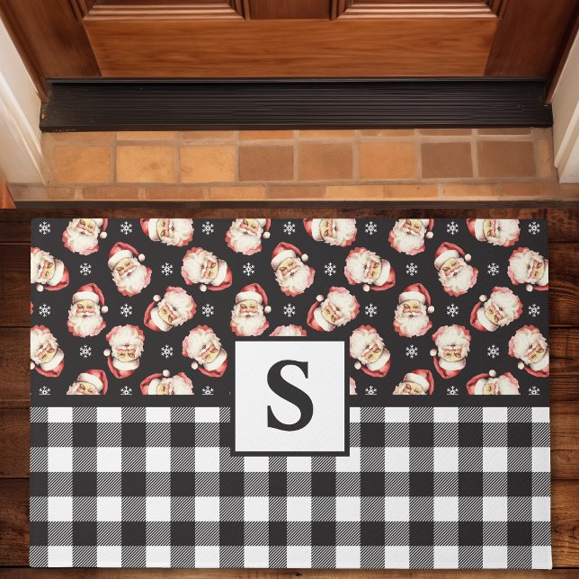 Vintag Santa Black Gingham Mit Monogramm Weihnacht Fußmatte (Von Creator hochgeladen)