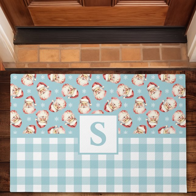 Vintag Santa Blue Gingham Mit Monogramm Weihnachte Fußmatte (Von Creator hochgeladen)