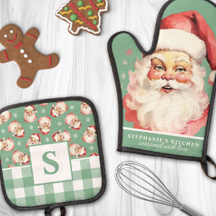 Vintag Santa Face Green Gingham Mit Monogramm Ofenhandschuh & Topflappen-Set