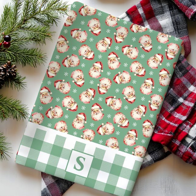 Vintag Santa Green Gingham Mit Monogramm Weihnacht Geschirrtuch (Von Creator hochgeladen)