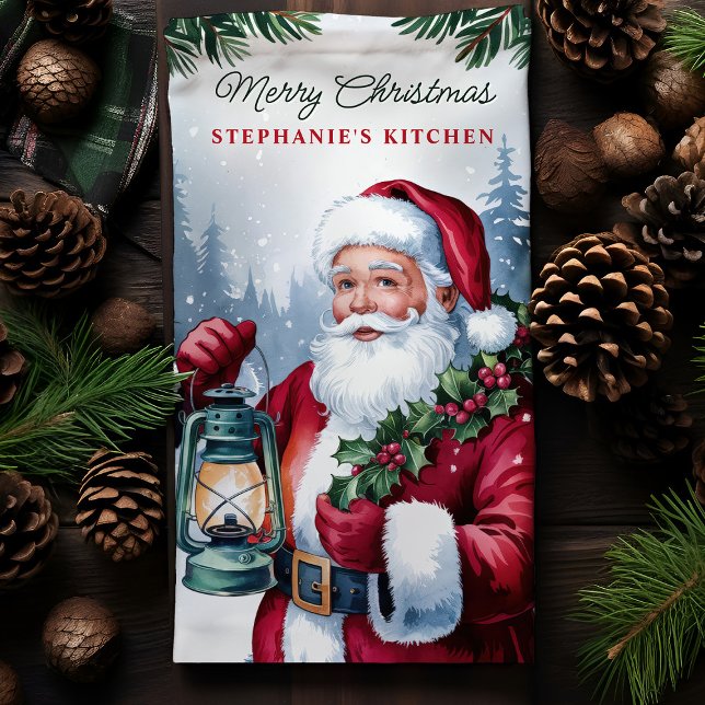 Vintag Santa Lantern Personalisiert Weihnachten Geschirrtuch (Von Creator hochgeladen)