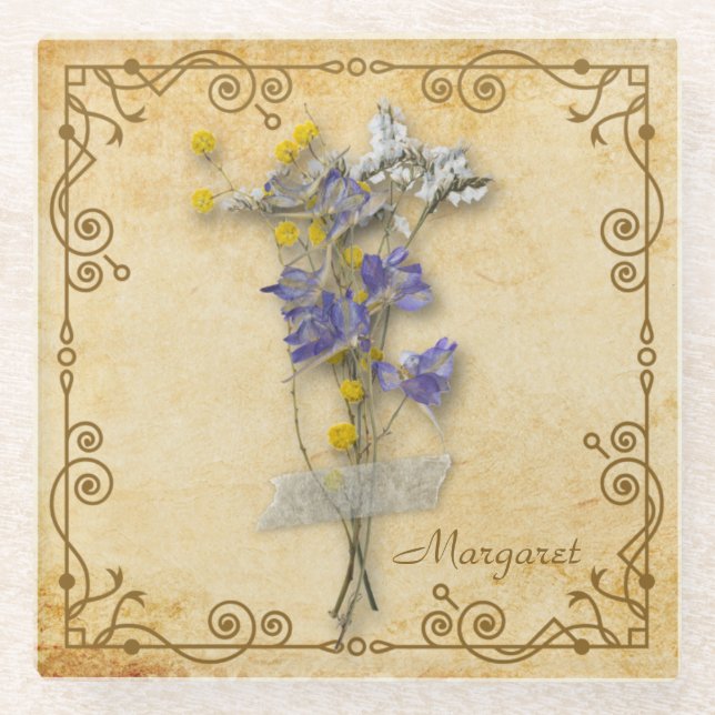 Vintag schöne Beige Getrocknete Blume mit Namen Glasuntersetzer (Vorderseite)