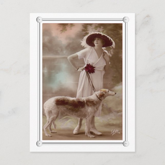 Vintag schöne Frau und Hund Postkarte (Vorderseite)