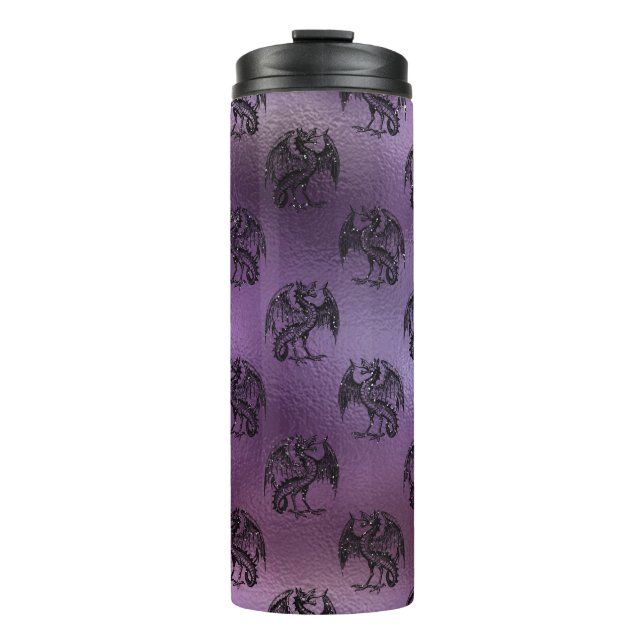 Vintag Schwarz und Lila Glitzer Drachenmuster Thermosbecher (Vorderseite)