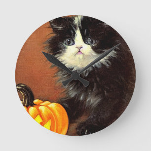 Vintag Schwarz/Weiß Halloween Kitten Runde Wanduhr