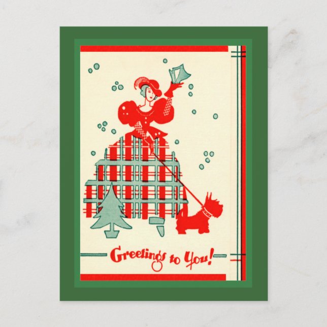 Vintag Scottie Dog und Lady Feiertagspostkarte (Vorderseite)
