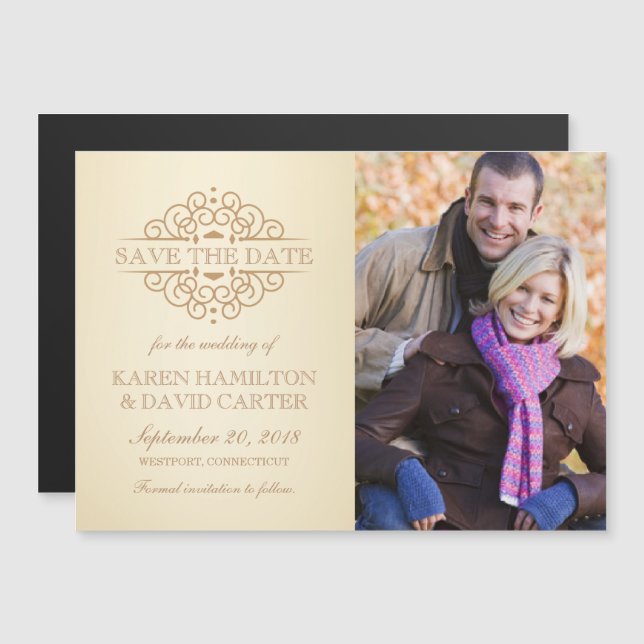 Vintag Scrolls Verlobung Foto Magneteinladung (Vorne/Hinten)