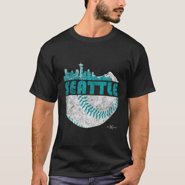 Vintag Seattle Baseball Skyline T-Shirt (Vorderseite)