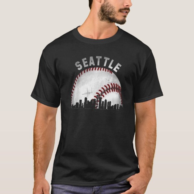 Vintag Seattle Skyline City Baseball T-Shirt (Vorderseite)