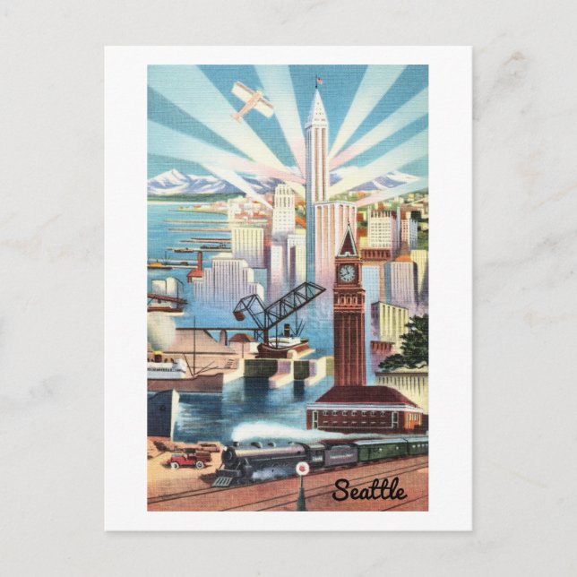 Vintag Seattle Skyline Travel Postcard Postkarte (Vorderseite)