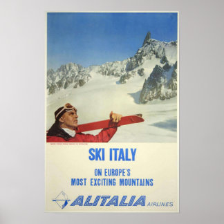 Vintag Ski Italy Alitalia Airlines Travel Poster